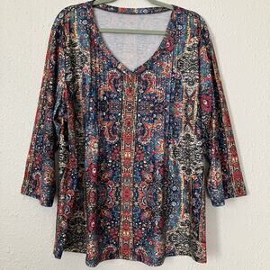 Romanstii Women's 3XL Boho Paisley Print Tunic Top V Neck Pintucks 3/4 Sleeve
